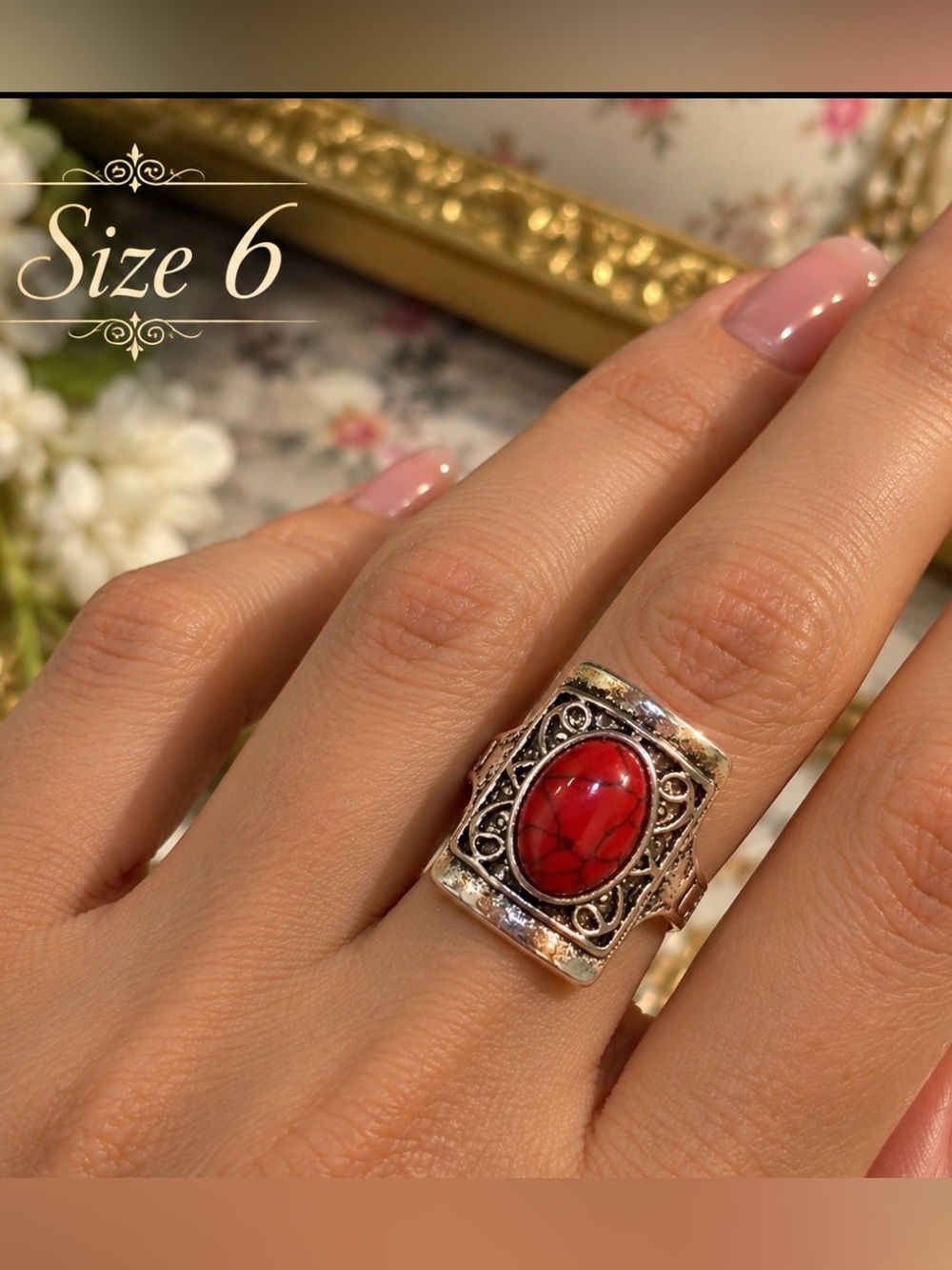 Boho Red Marbled Stone Statement Ring Silver Tone Size 6